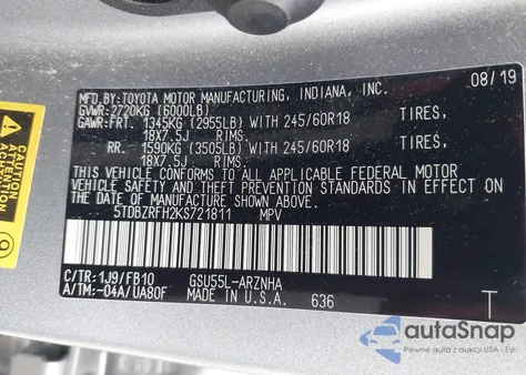 2019 Toyota Highlander Le from USA, damaged, VIN 5TDBZRFH2KS721811